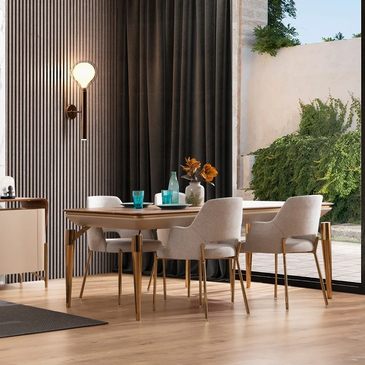 Gold Stainless Steel Rectangle 8 seaters Marble Dining Table Oak Dining Table Turkish Dining Table