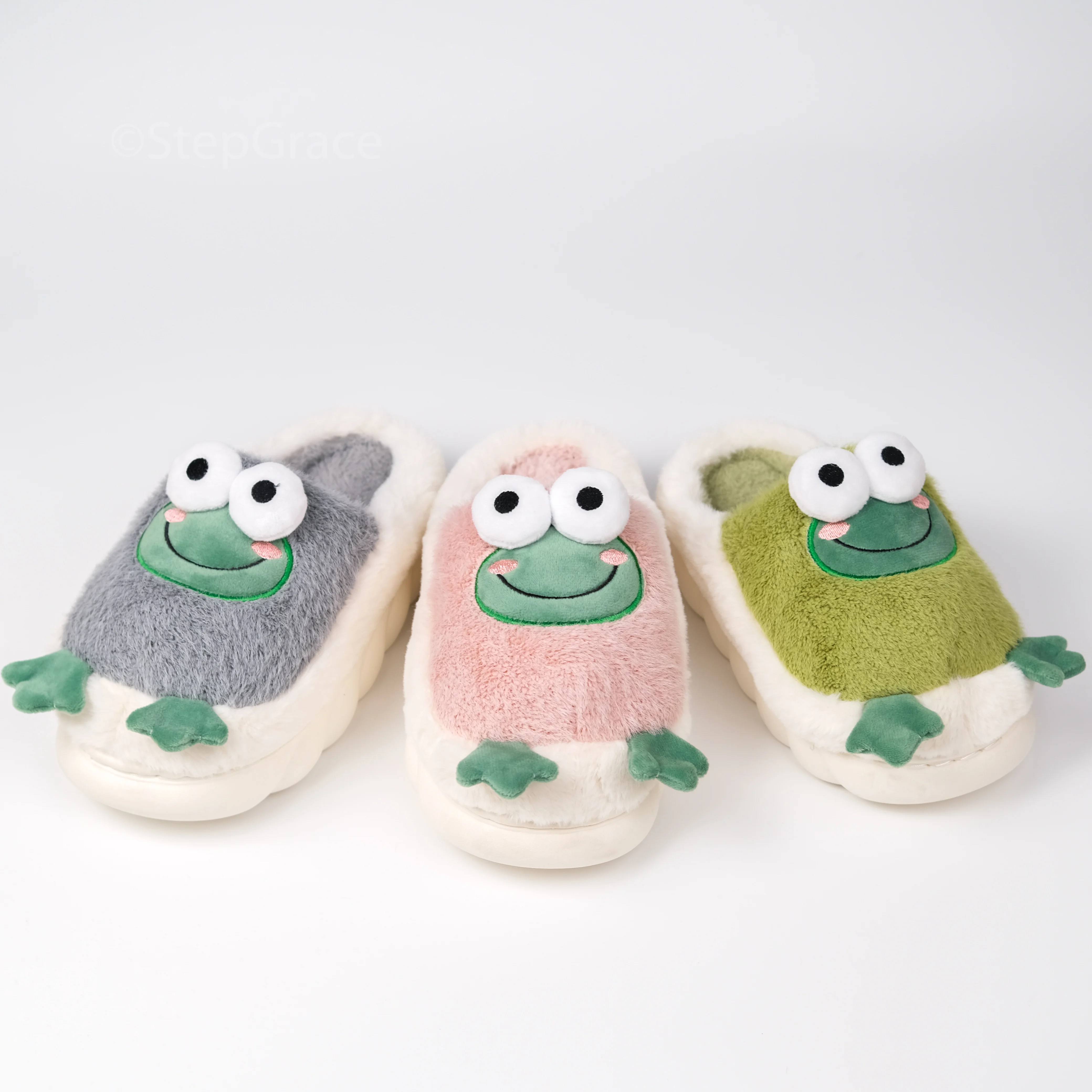 StepGrace Wholesale Cute Frog Animal House Slippers Frog Style Fur Fluffy Winter Indoor Slippers For Women Warm Soft Home Shoes