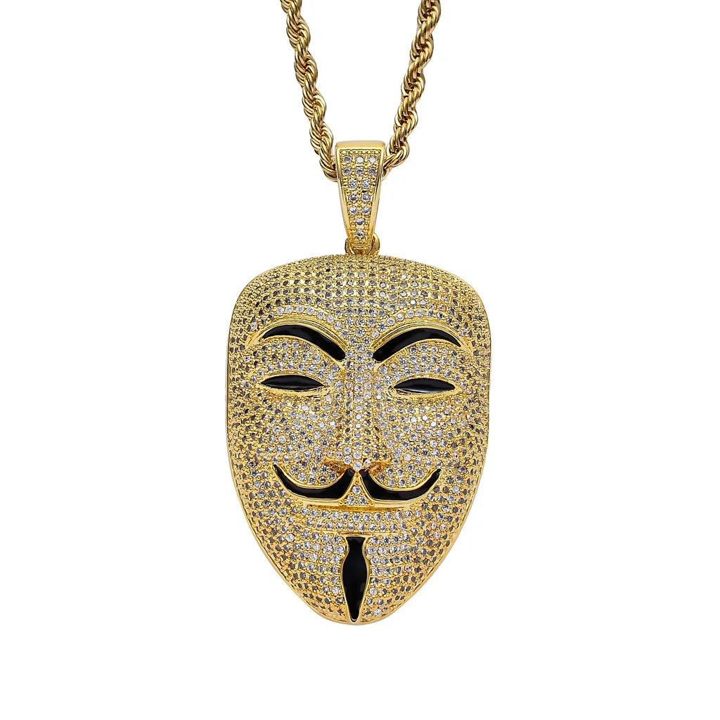 Men Pendant Gold Plated Iced Out CZ Full Diamond BLING Movie Revenge Team V-Vendetta Smiley Face Necklace