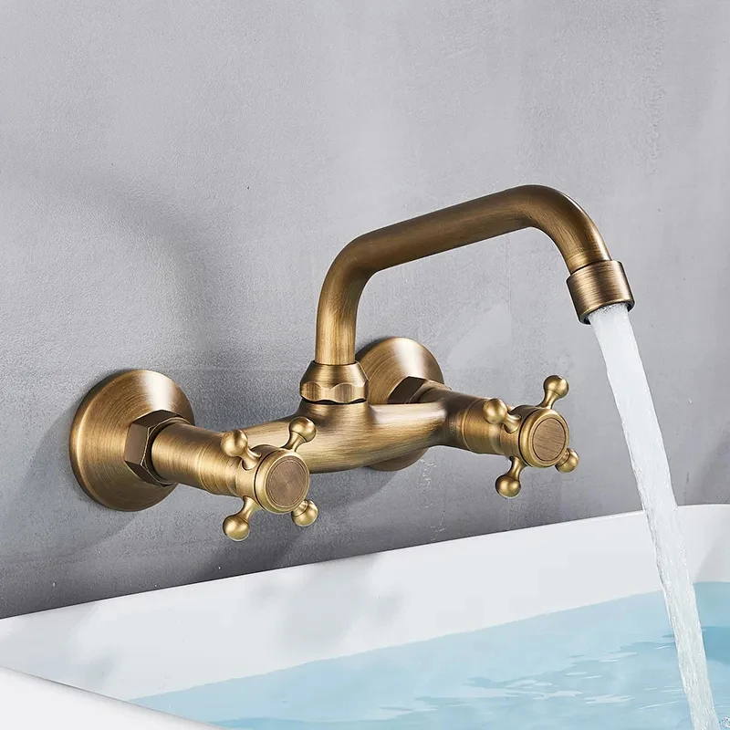 Antique Brass Kitchen Faucet Hot And Cold Water Mixer Faucets Wall Mounted Tap Vessel Sink Mixer Tap Swivel Spout Basin Mixer