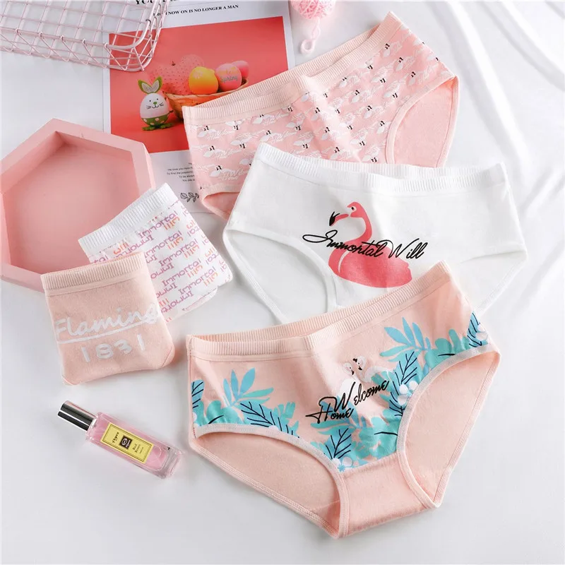  Middle Waisted Flamingo Cartoon Pattern Underwear Cotton Panty Briefs For