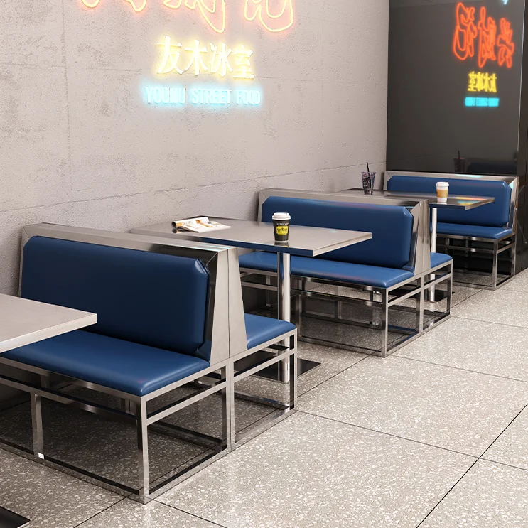 stainless steel chrome food court restaurant folding dining chair and PU leather booth sofa set for cafe bistro furniture