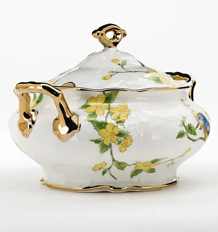
Latest Design gold rim Ceramic Soup Tureen Bowl with lid 
