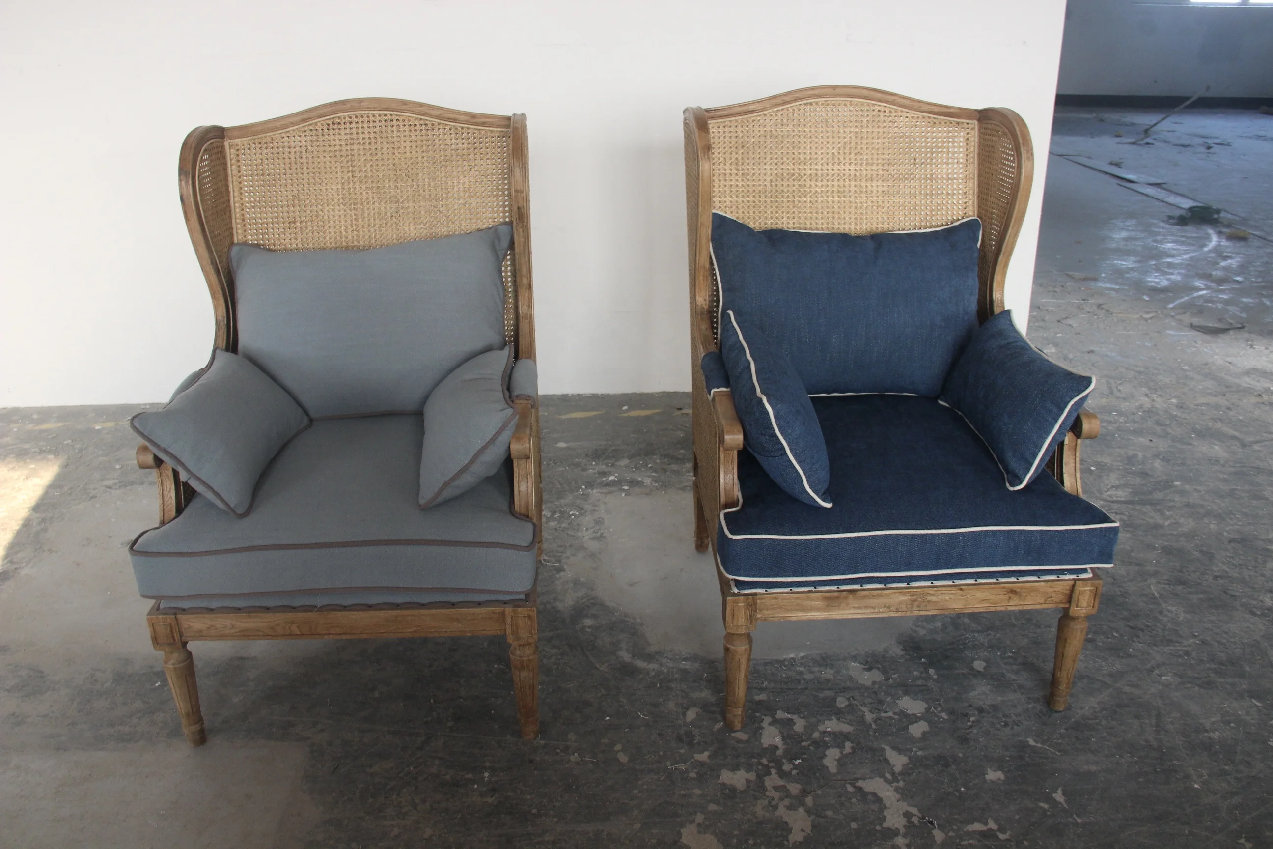 MRS WOODS French Provincial Living Room Chair Wood Wicker Rattan Woven Back Frame Upholstered Wing Back Chair