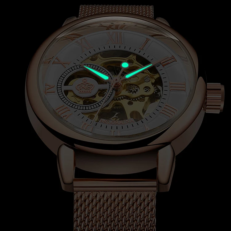 ORKINA Mechanical Women Bracelet Watch Skeleton Automatic Wristwatch Mesh Stainless Steel Band Female Clock Chic Reloj Mujer