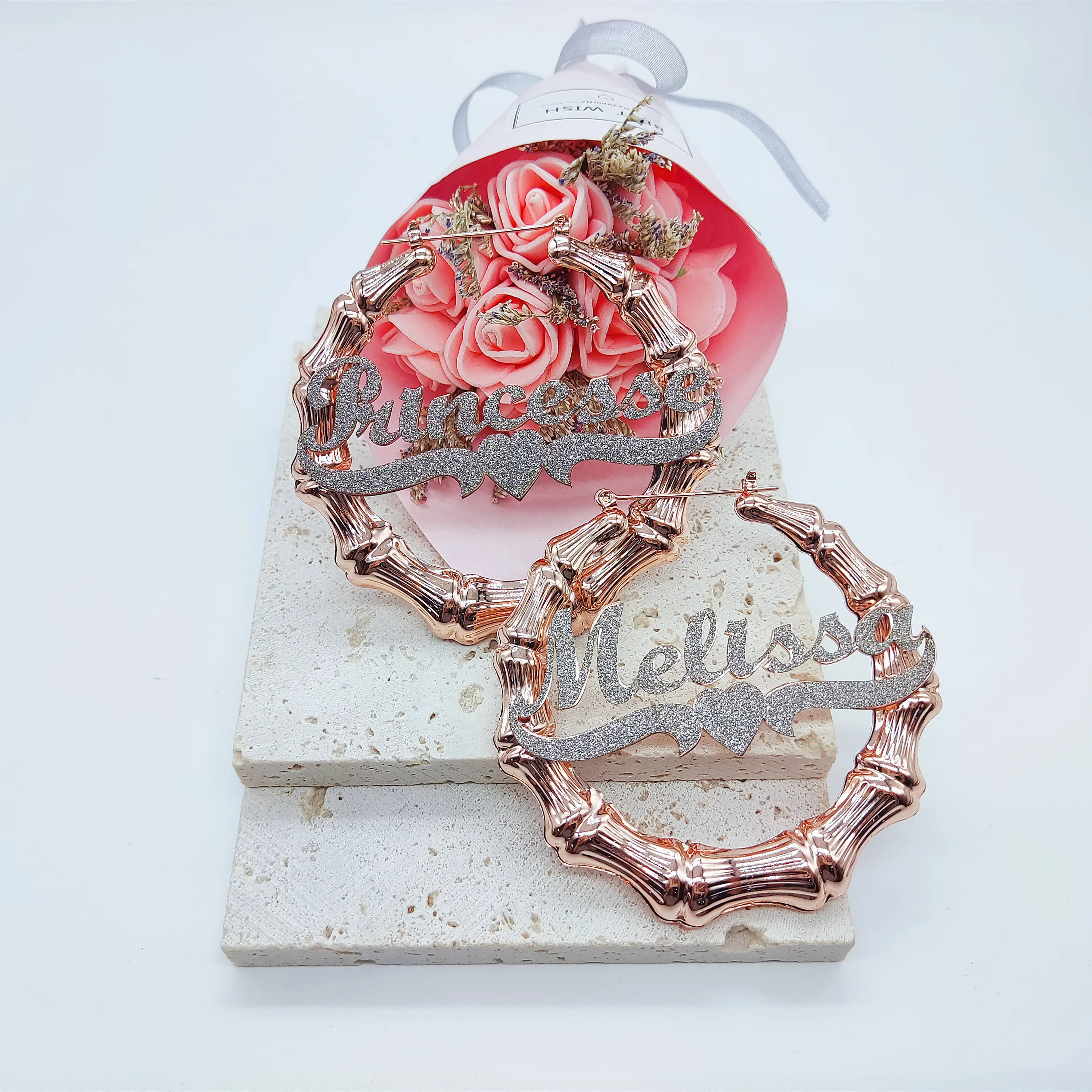 Drop shipping Buling Letter Nameplate Custom Colorful Paste Earring Jewelry For Girls Custom Name Color Stickers Bamboo Earrings