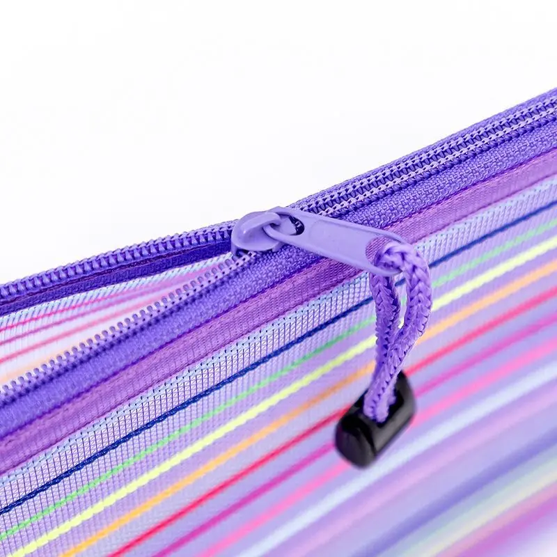 Portable Fabric Pencil Bag for Students Colorful Mesh Stationery File Organizer with Transparent Zipper