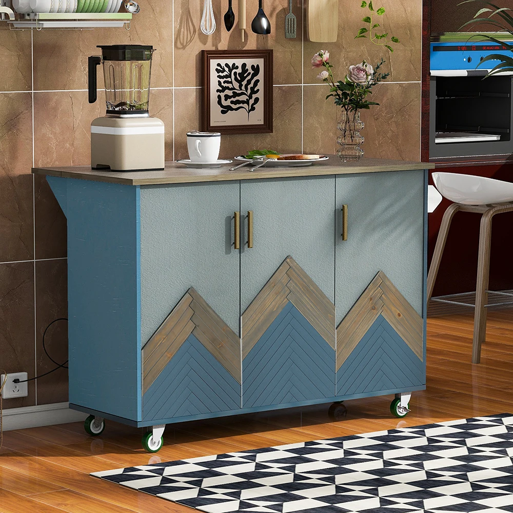 Retro Mountain Wood  Kitchen Island with Drop Leaf Accent Cabinet with Internal Storage Rack Farmhouse Rolling Kitchen Cart