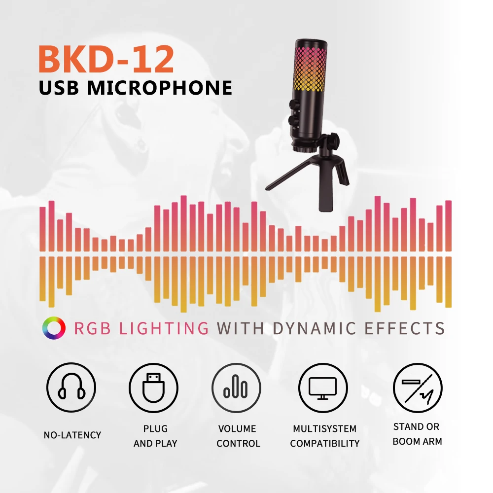 Профессиональный USB компьютерный микрофон, игровой микрофон RGB, настольный конденсаторный микрофон, студийное оборудование для записи караоке