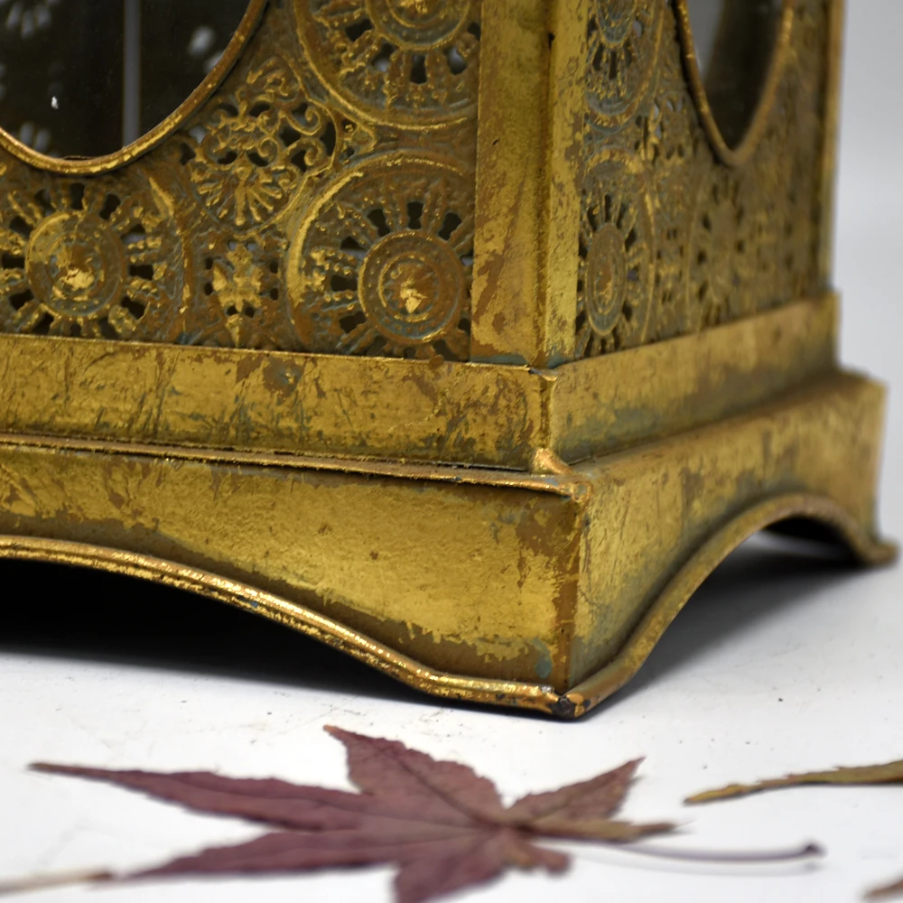Luckywind Large Antique Golden Leaf Vintage Moroccan Metal Lantern Candle Holder