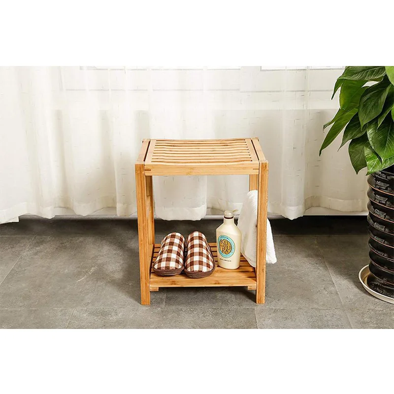 Storage Shelf Wood Indoor Bathing Bench Spa Bath Seat Bench Stool Storage Stool With Storage Rack