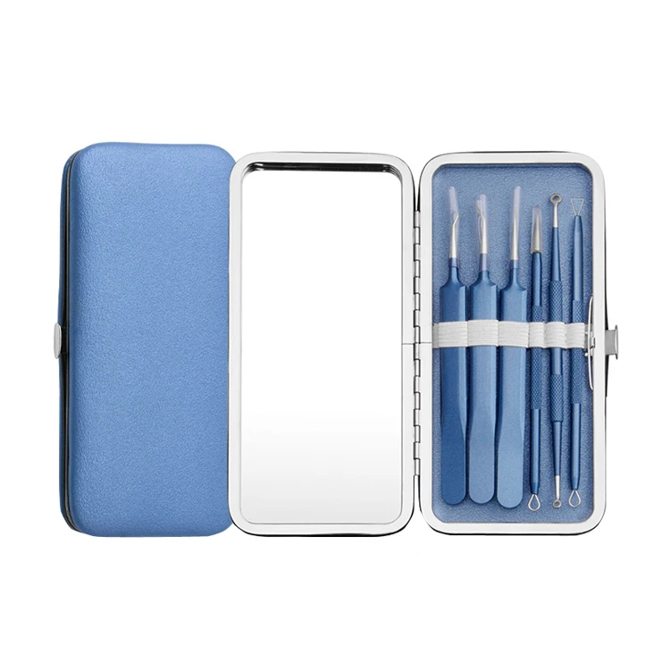 High quality fashion 6 PCS pimple popper tool kit acne needle blackhead tweezers set with mirror box