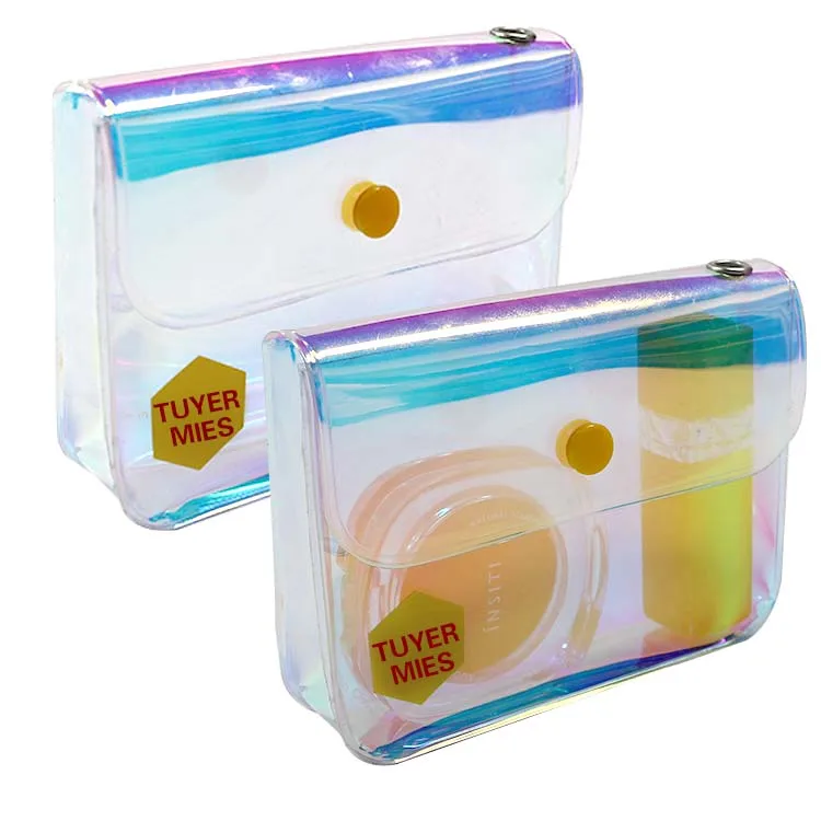 Custom Logo Holographic Transparent Mini Makeup Storage Purse Bag Clear Small Clear PVC Cosmetic Pouch with Button Closer