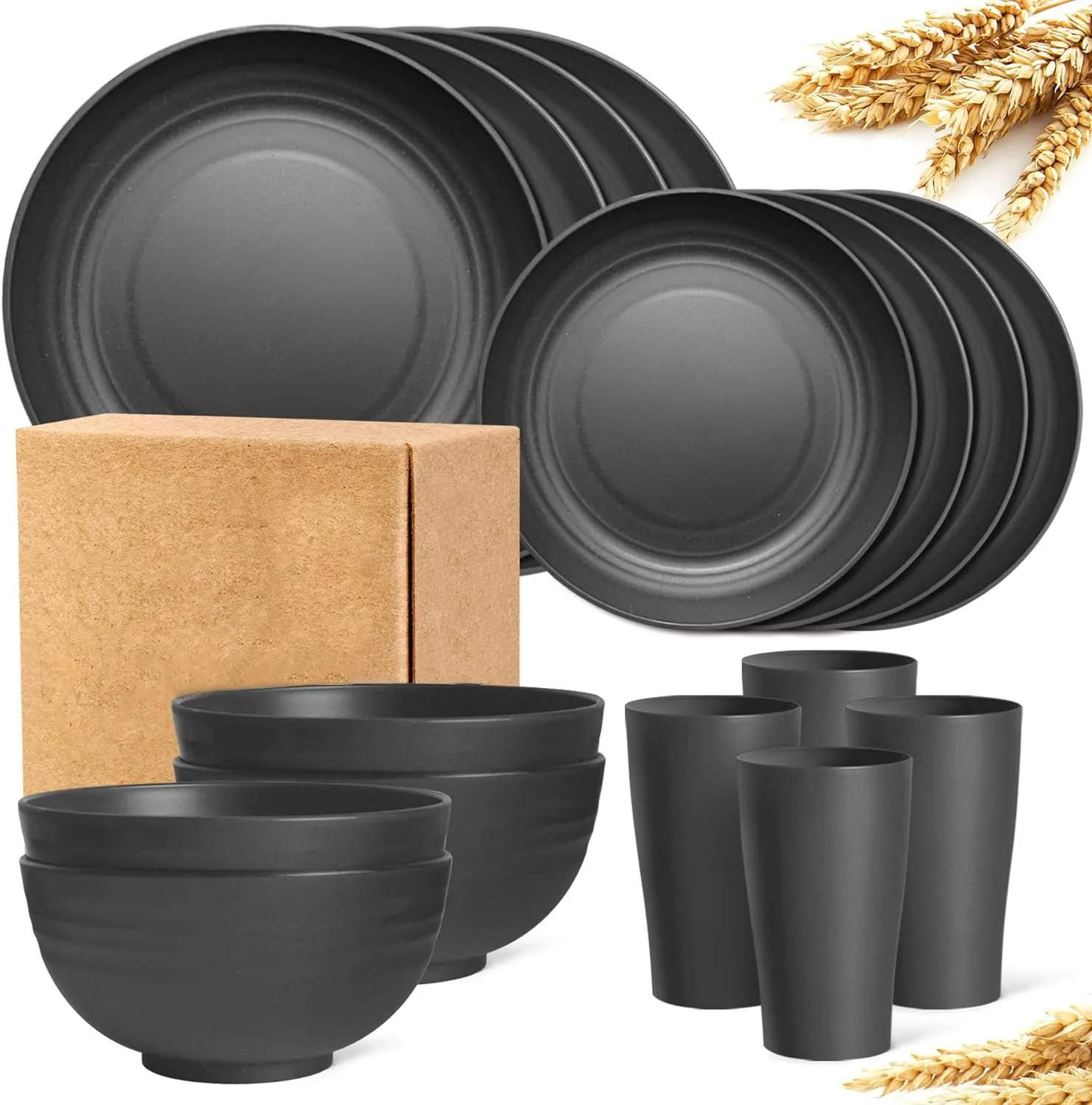 16pcs Wheat Straw Unbreakable Dishwasher Microwave Safe Dinnerware Plates and Bowls Sets RV Outdoor Camping Service for 4