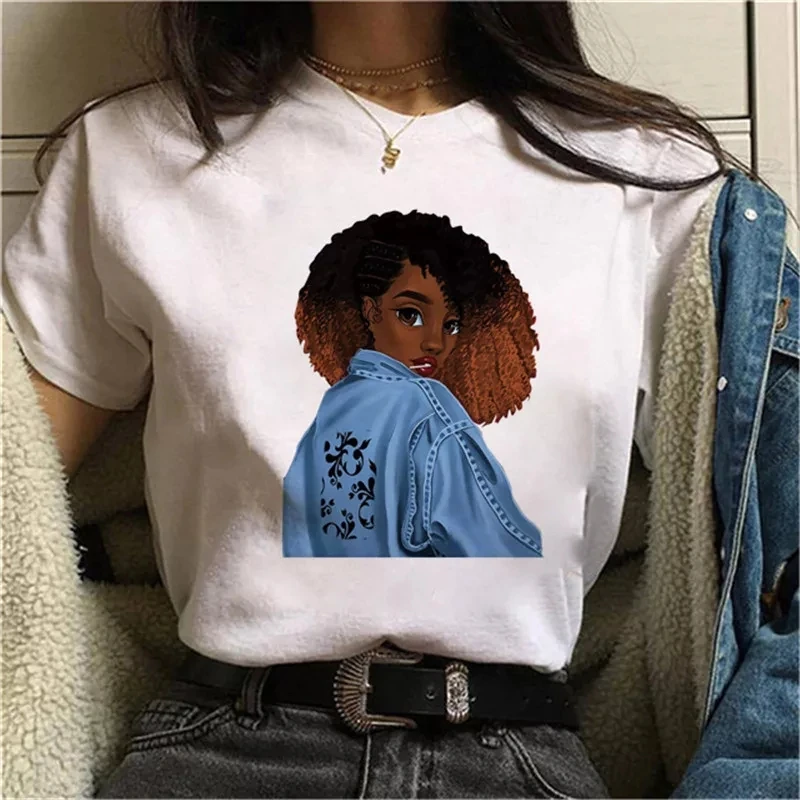 Women Curly Hair Girl Black Shirt Girl Harajuku Casual White Top T Shirt Summer Female Short Sleeve Cotton T-Shirt