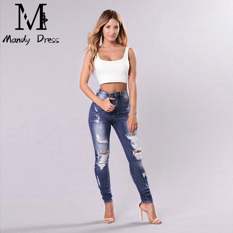 Fashion Ladies Denim Trousers Skinny High Waist Street Wear Plus Size Fall Women Ripped Jeans
