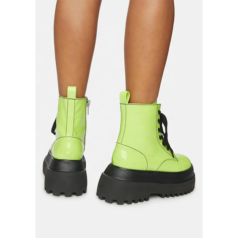 High Quality New Latest Round Toe Rose Red Green Platform Shoes Winter 2022 Big Size Lace Up Glossy Zipper Ankle Women Boots