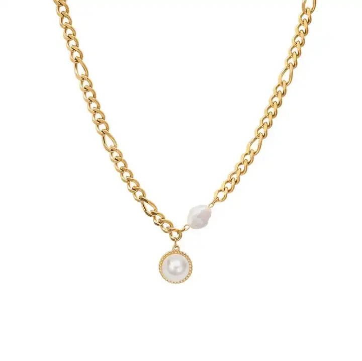 High Quality  Fashion Jewelry Pearl Pendants Chunky 18K Gold Plated  Stainless Steel Chokers Necklace For Women