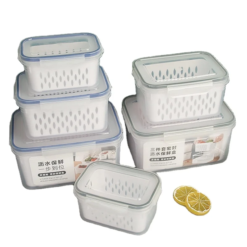 Kitchen Food Preservation Box Fruit and Vegetable Drain Plastic Storage Box with Lid Refrigerator frozen fresh storage box