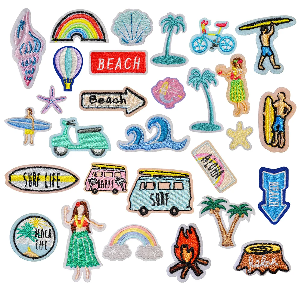 new arrival summer vacation style self-adhesive embroidered beach holiday patches for diy