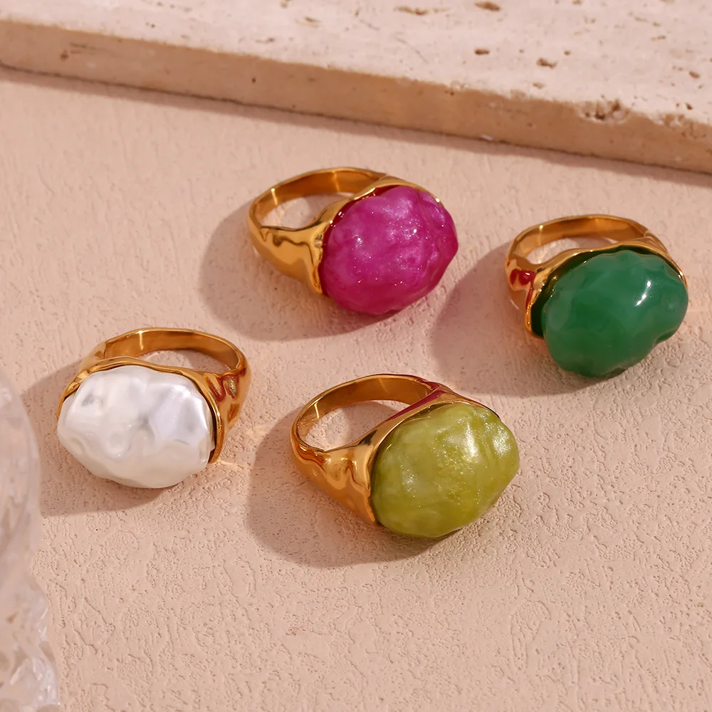Best Selling Stainless Steel Geometric Chunky Rings Creative 18K Gold Plated Colorful Acrylic Stone Finger Rings