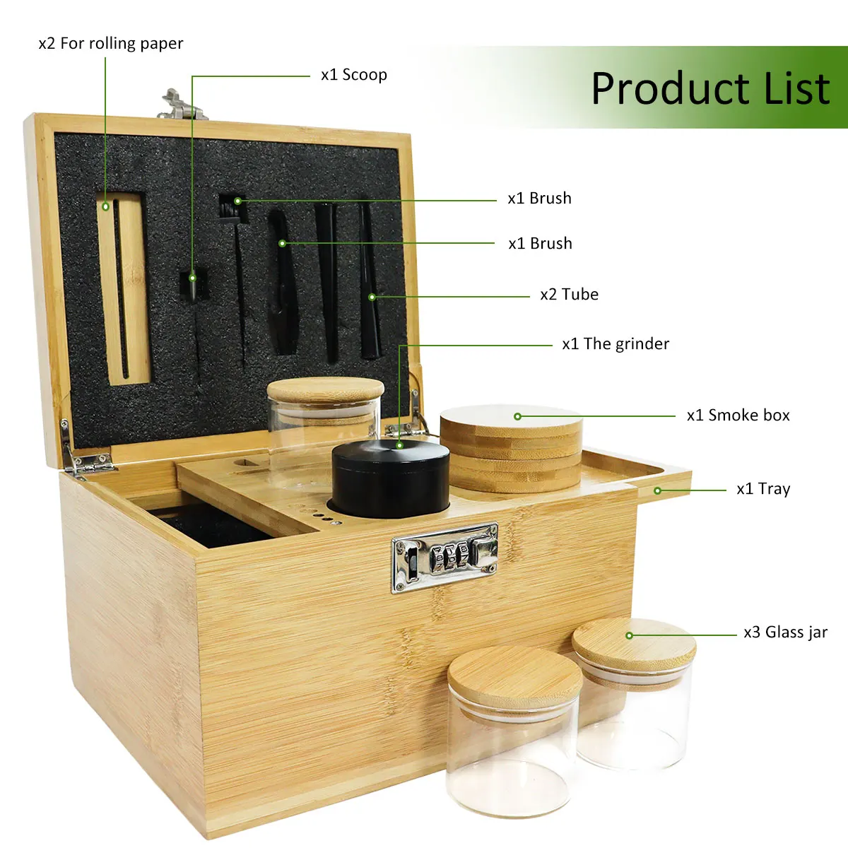 luxury premium smell proof smoking accessories rolling paper smoking kit box bamboo wooden stash box with lock and rolling tray