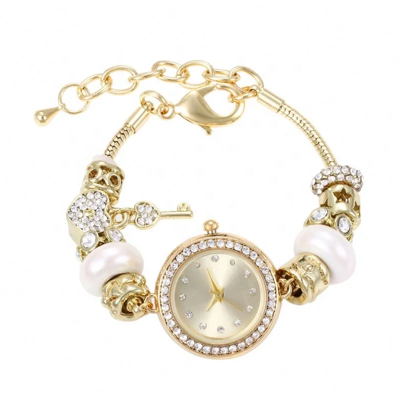 Best Selling Bead Charm Pave Diamond Adjustable Bracelet Quartz Watch For Women Girls