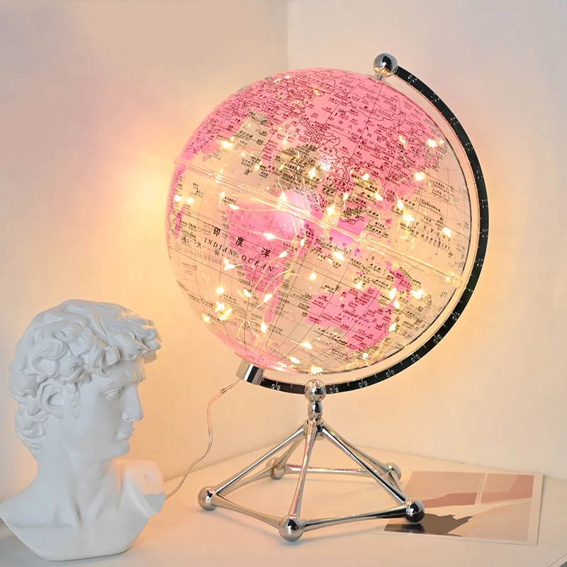 20cm plastic transparent pearl pink light up earth globe table lamp desk tabletop LED gift decor earth globe Christmas ornament