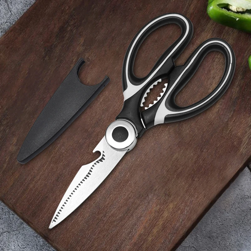 Fish Meat Scissors Multi Purpose Non Slip Sharp Stainless Steel Poultry Scissors Kitchen Scissors with Nut Cracker and Cover