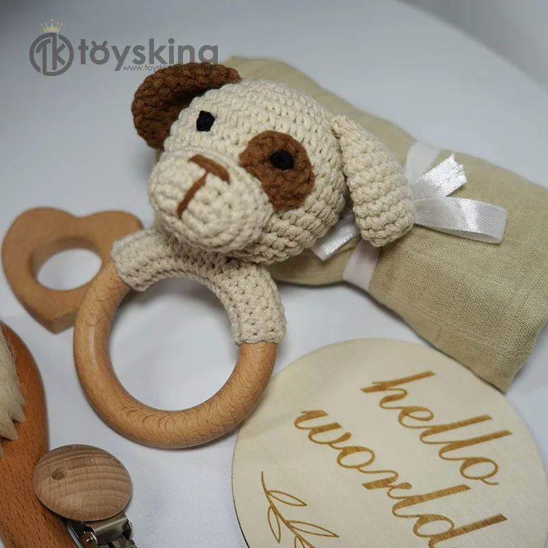 Infant Bath Cotton Muslin towel Customized Newborn Baby Wood Silicone Shower Gift Set 100% Handmade Crochet Puppy Dog Rattle