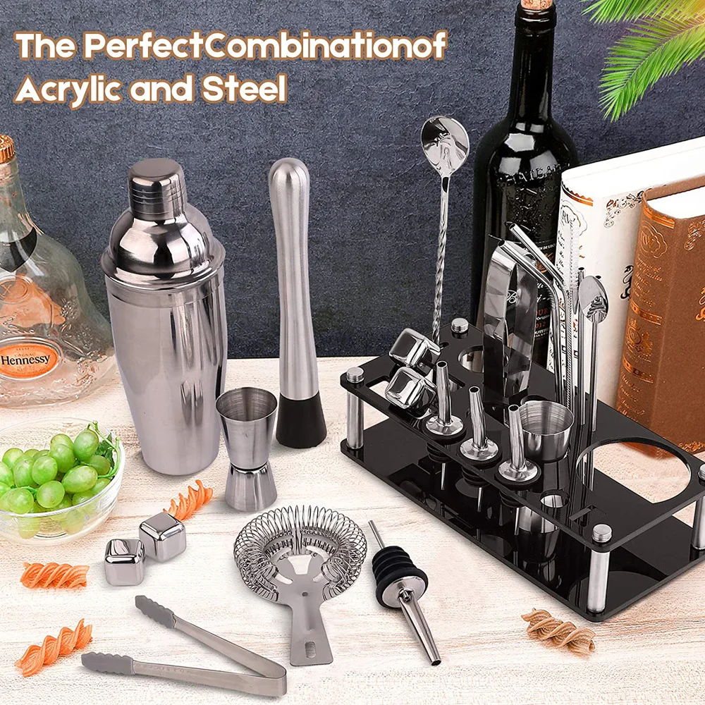 High Quality 304 Stainless Steel Bar Tools Bartender Kit Wine Accessory Luxury New Ice Acrylic Cocktail Shaker 23-pieces Set