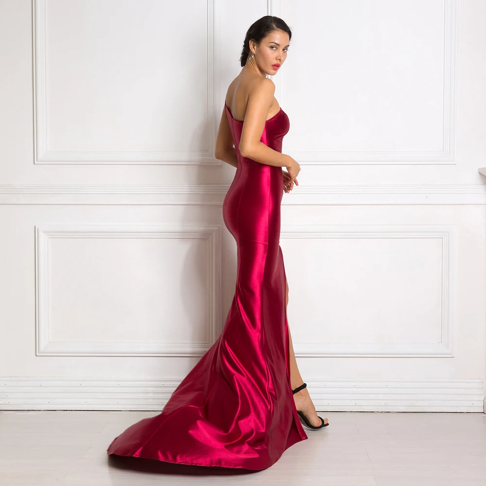 Green Burgundy Sleeveless Long Maxi Dress Stretchy Satin Mermaid Floor Length Wedding Evening Party Dress