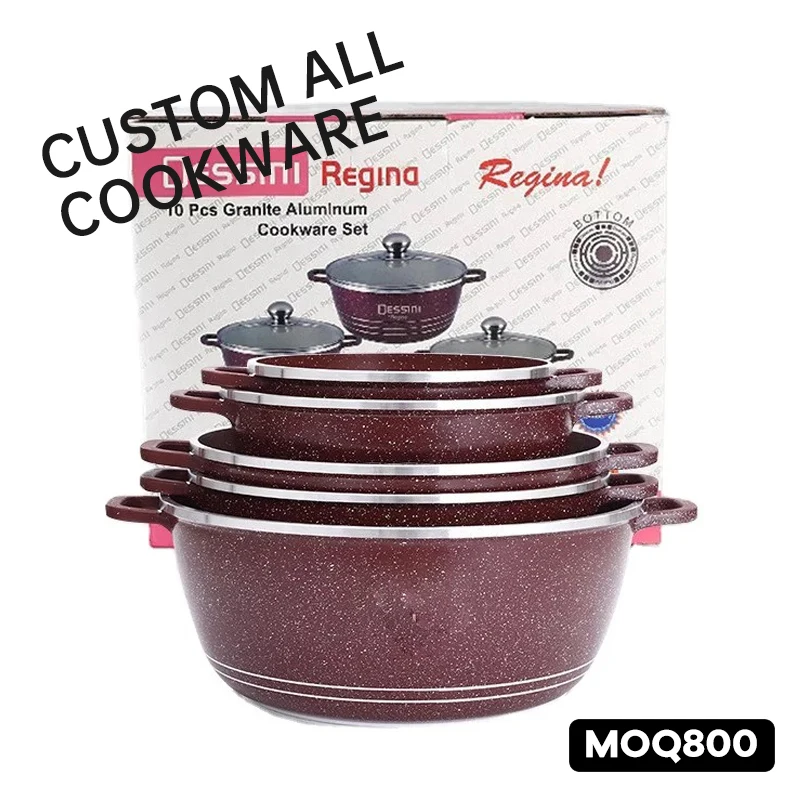 Dessini 10-piece aluminum pot soup pot medical stone non stick cookware set with granite coating