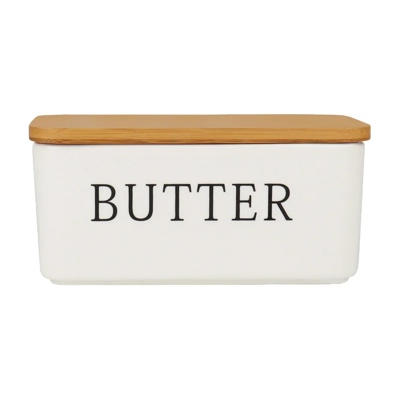 Bamboo Lid Covered Porcelain Butter Dish Airtight Butter Keeper Container Ceramic Butter Storage Box