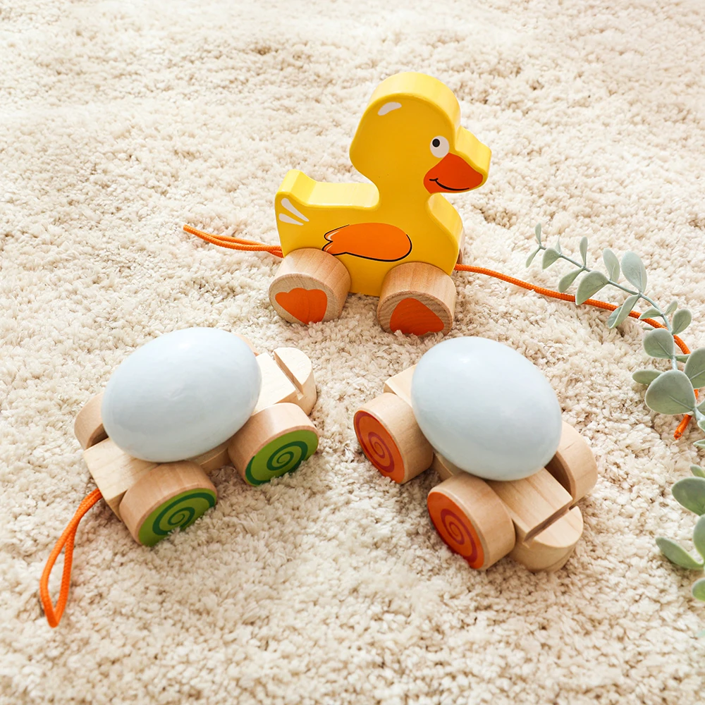 Baby Pull Along Pull String Duck String Line Hand Push Pull Rope Dragging Wooden Animal Cart Toy