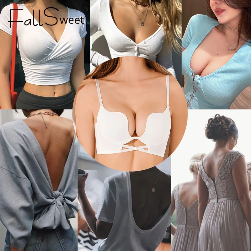 Backless Women Bras Push Up Bra Low Back Sexy Plunge Brassiere Multiway Invisible Seamless Deep U Lingerie for Ladies