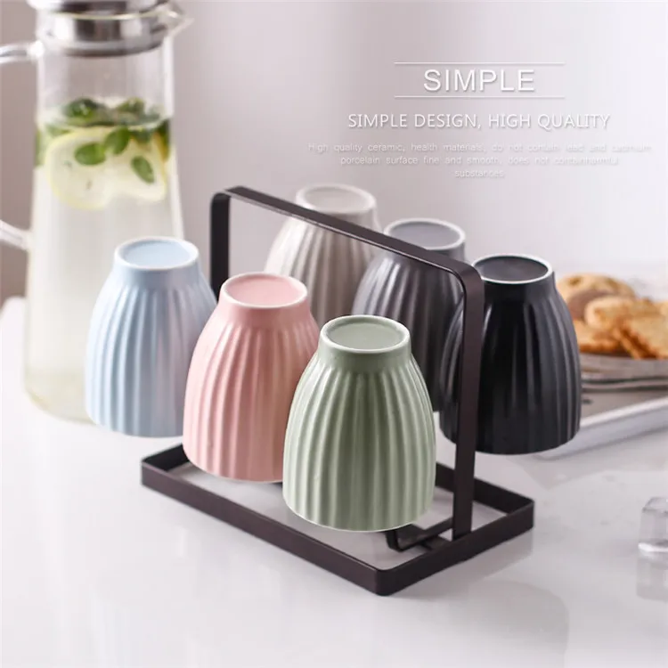 Macarons color  vertical stripes design home good 280 ml ceramic coffee mugs without handles with holder