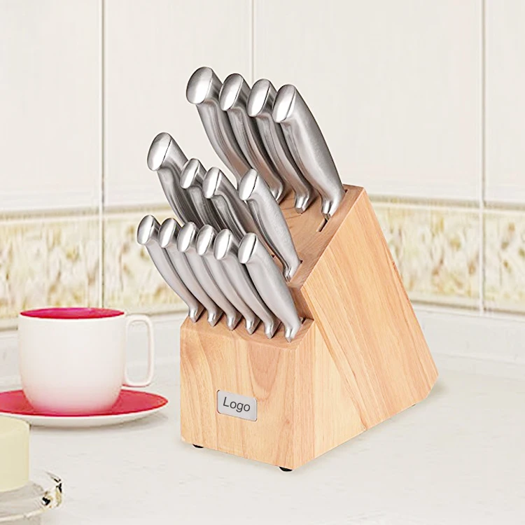 Premium quality Metal handle 15 Piece Large Knife set Kitchen with wooden block and steak knifes