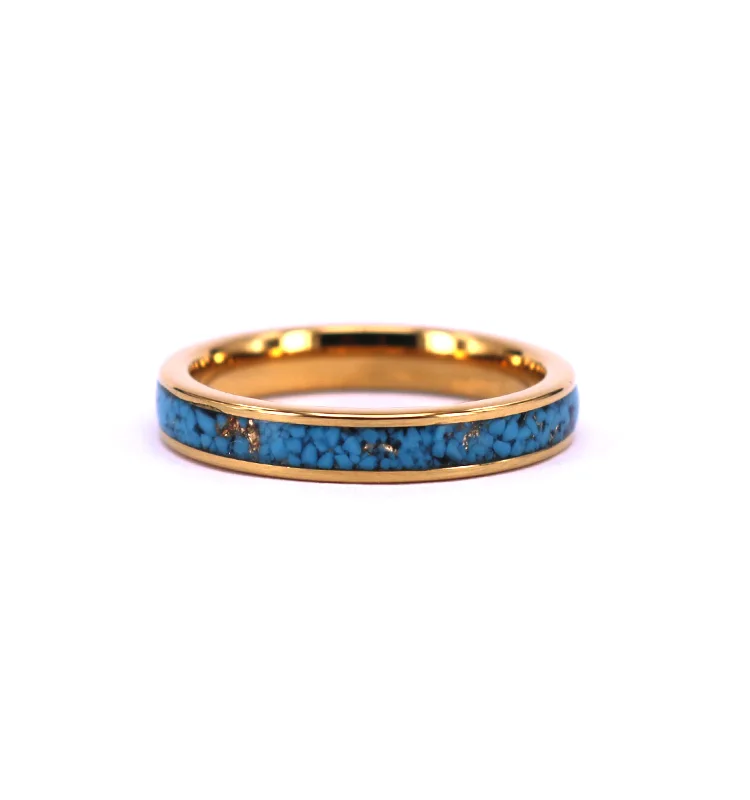 4MM Yellow Gold Mens Womens Tungsten Ring Created-turquoise Granules Inlay Wedding Band