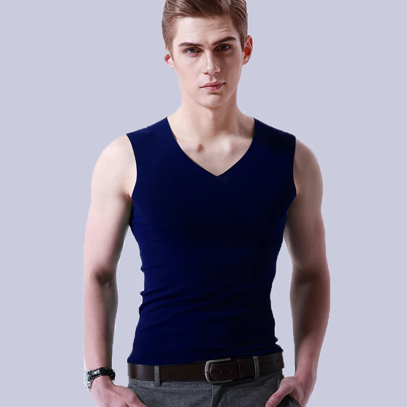 Mens Ice Silk Bottoming Shirt V-Neck Sports Stretch Seamless Vest