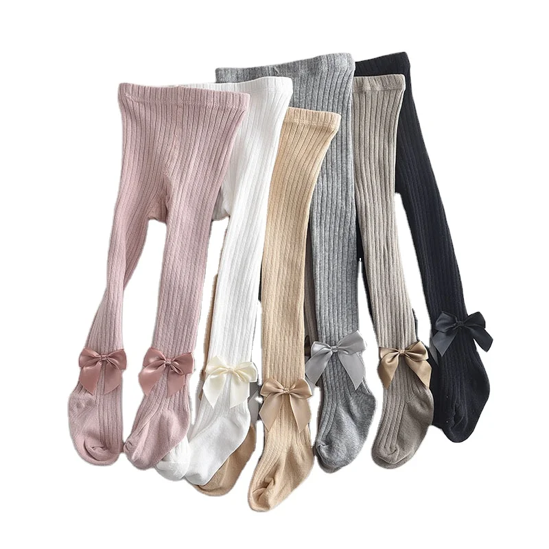 Wholesale Girl Tights Princess Ribbed Design Pantyhose Pink White Solid Cotton Bow Leggings Toddler Baby Tights