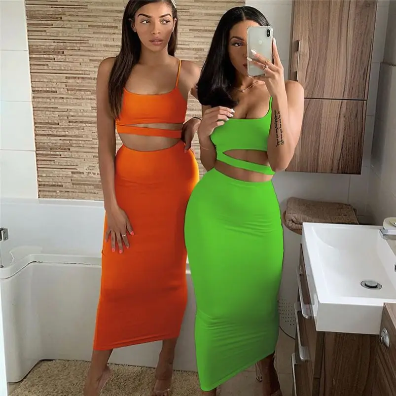 2021 New womens halter short  small vest high waist skirt set high elastic top and long skirt