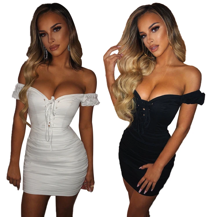 Sexy Short Sleeve Off Shoulder Criss-cross Lace Up Sexy Bodycon Dress Mini Dresses Black Dress Women Summer Party Club