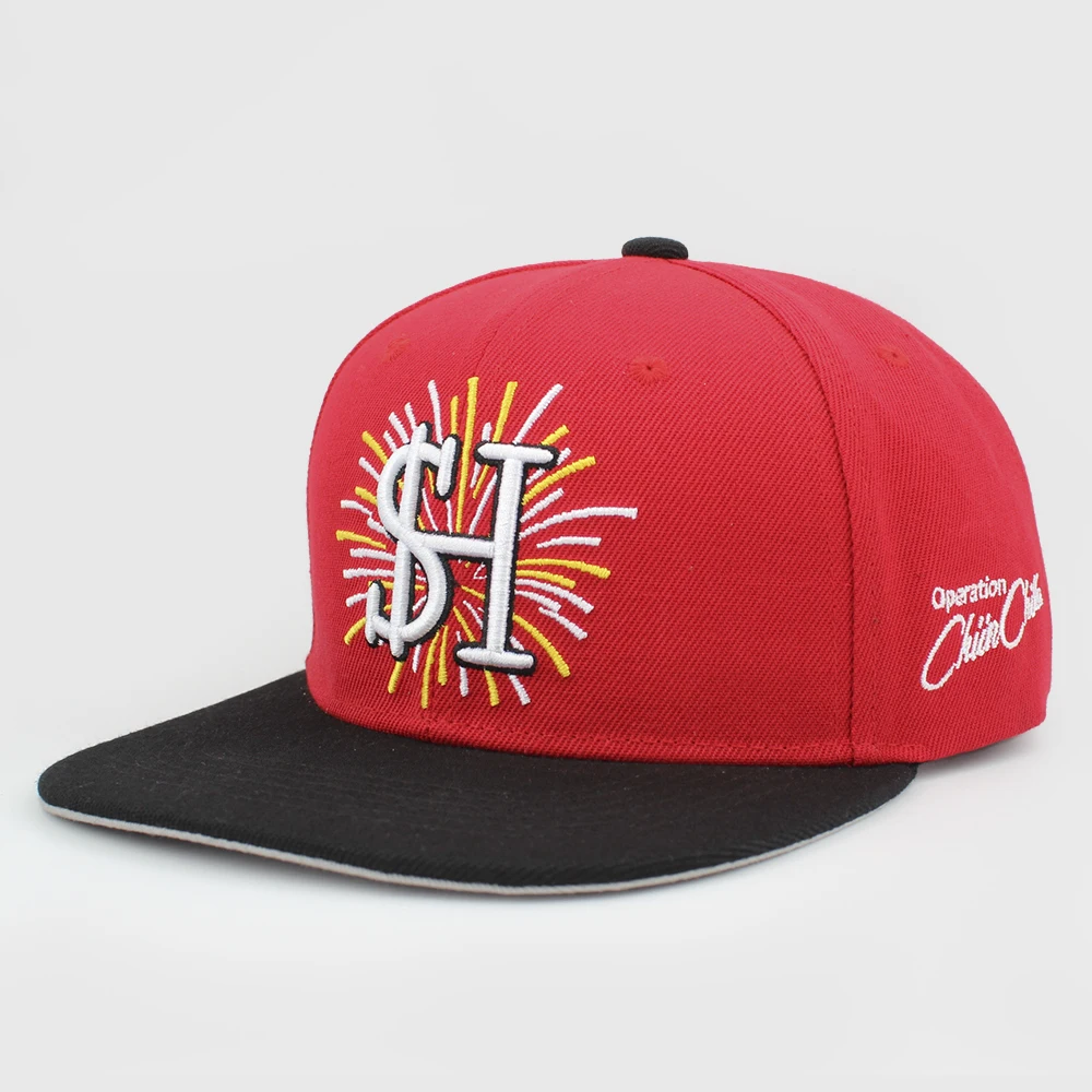 Stylish red 3d embroidered letter logo flat brim baseball sports cap