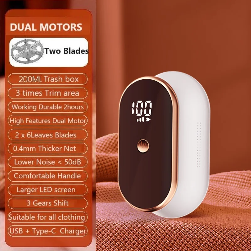Fabric Shaver Electric Portable Lint Remover Clothes Dual-6-Leaf Blades LED Screen Power Wireless Dual Head Sweater Fuzz Remover