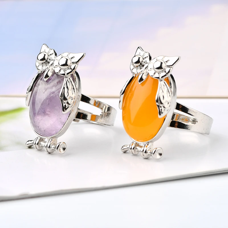 New Lovely Large Copper Bezel Oval Amethyst Adjustable Ring Animal Ring Owl Oval Crystal Ring