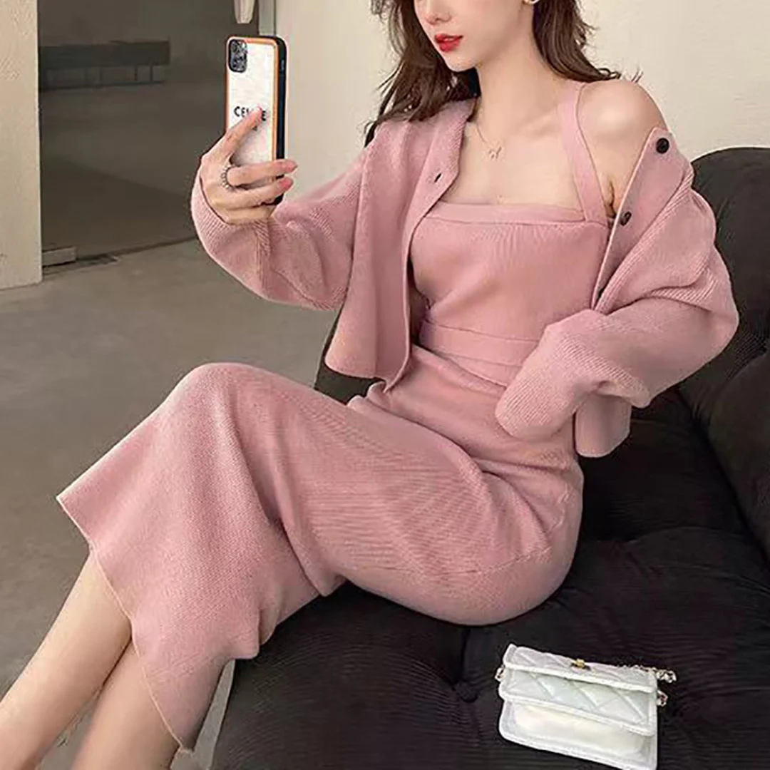2022 Winter Fall Casual Fashion Long sleeve Knitted Cardigans Spaghetti Strap Sweater Dress For Women 2 Piece Set Clothing