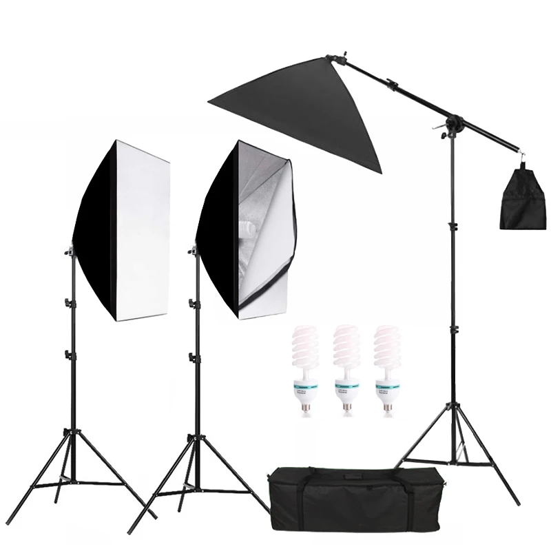 3pcs Photography Light Set 50*70cm Softbox 2M Tripod Stand 50W Light Bulb Studio Lighting Kit for Photoshoot