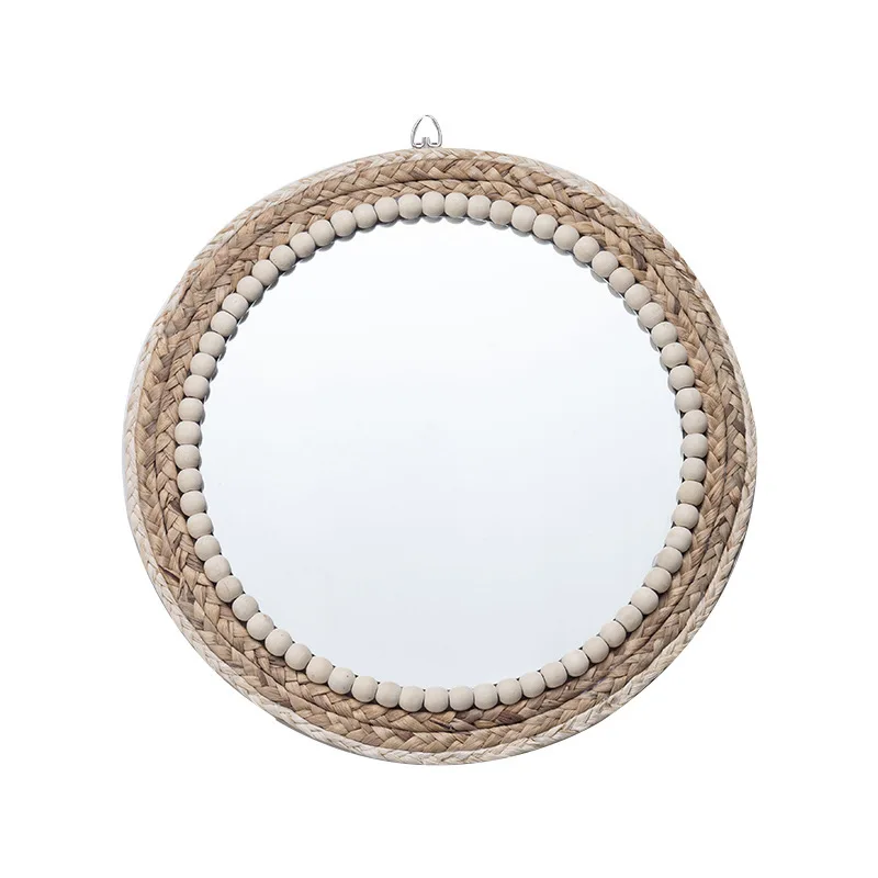 Boho Round Hanging Wicker Straw Rattan Bead Round Mirror Framed Wall Makeup Mirror For Bedroom Bathroom