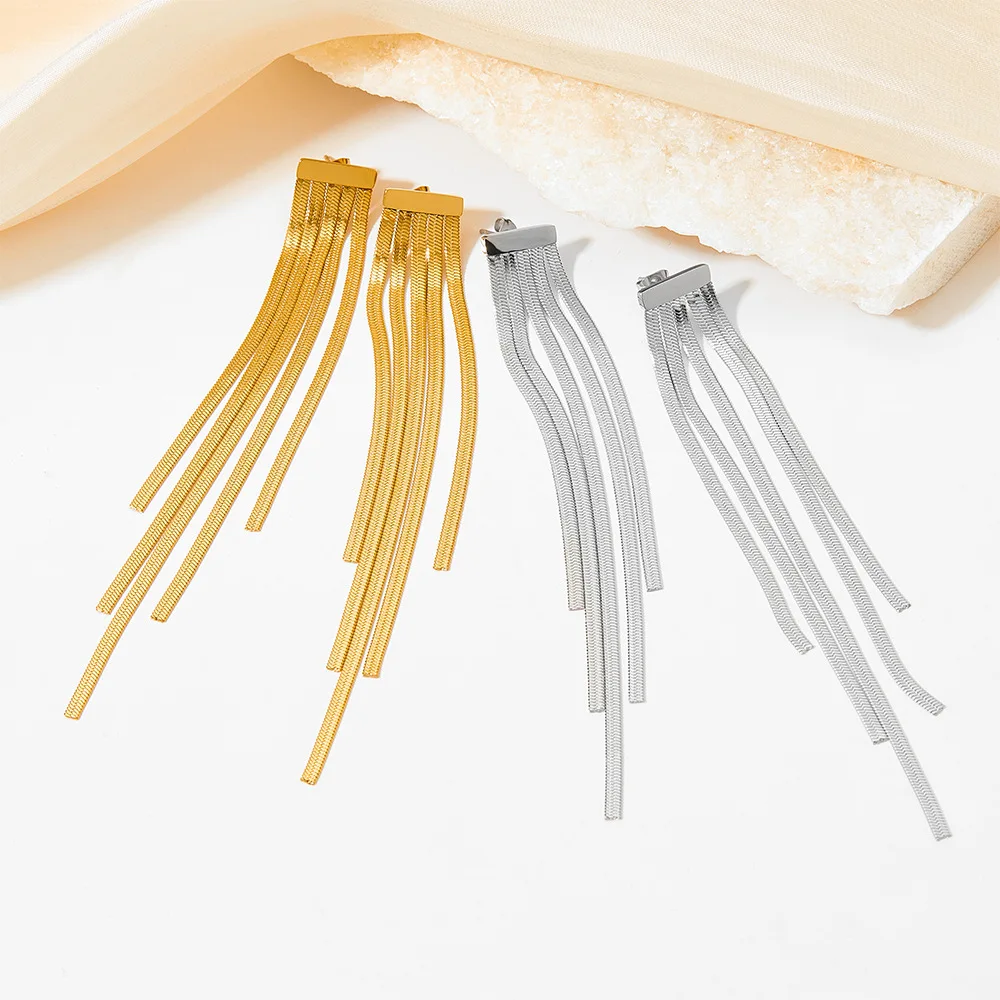 Summer New Fashion Jewelry 18K Gold Plated 316l Stainless Steel Long Tassel Snake Chain Pendant Earrings Girls Ladies Bijoux